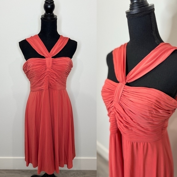 BCBGMaxAzria Dresses & Skirts - BCBGmaxazria Coral Grecian Neckline Mini Dress (Size LP)